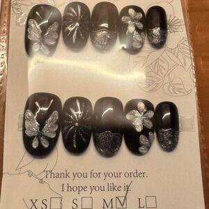 Black & Silver Butterfly Press On‎ Nails | Medium Square Glitter Floral Nail Set
